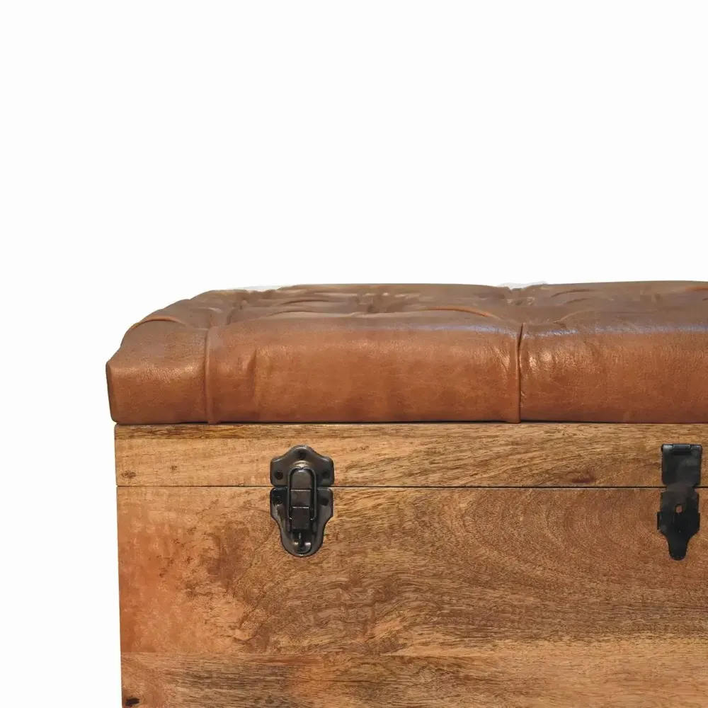 Boîtes de rangement  - Coffre de Rangement en Cuir Buffalo et Bois Massif Oak-ish, Ouverture par le Dessus, Marron - ARTISAN FURNITURE