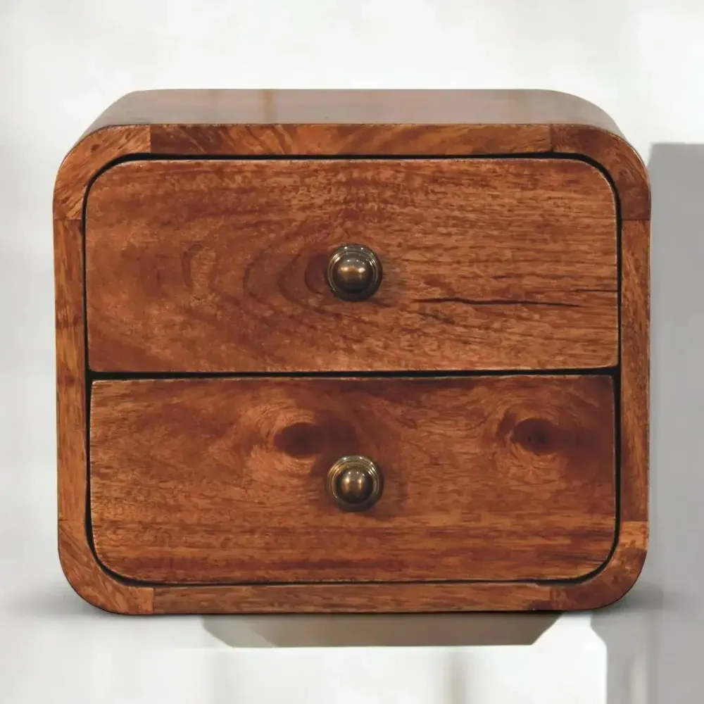 Night tables - Artisan Furniture Solid Wood Mini Curved Honey Caramel Wall Mounted Nightstand, 2 Drawers, Dark Brown - ARTISAN FURNITURE