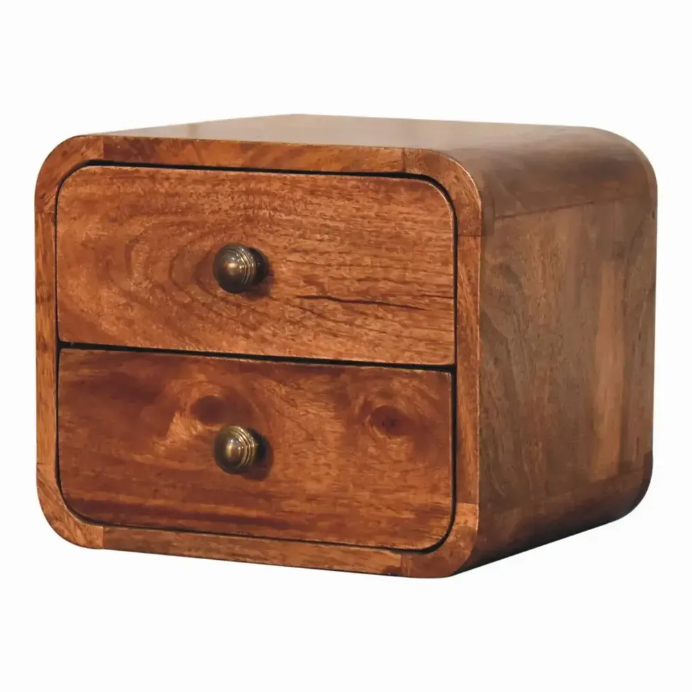 Night tables - Artisan Furniture Solid Wood Mini Curved Honey Caramel Wall Mounted Nightstand, 2 Drawers, Dark Brown - ARTISAN FURNITURE