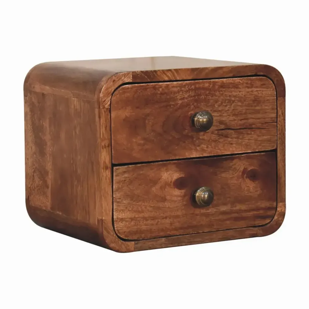 Night tables - Artisan Furniture Solid Wood Mini Curved Honey Caramel Wall Mounted Nightstand, 2 Drawers, Dark Brown - ARTISAN FURNITURE