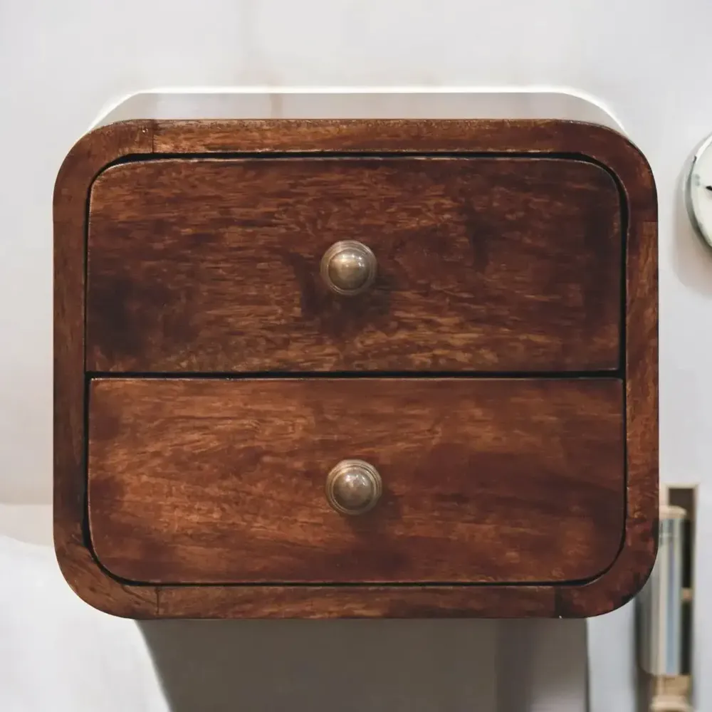 Tables de nuit - Table de Chevet Murale Mini Courbée California Walnut en Bois Massif, 2 Tiroirs, Brun Foncé - ARTISAN FURNITURE