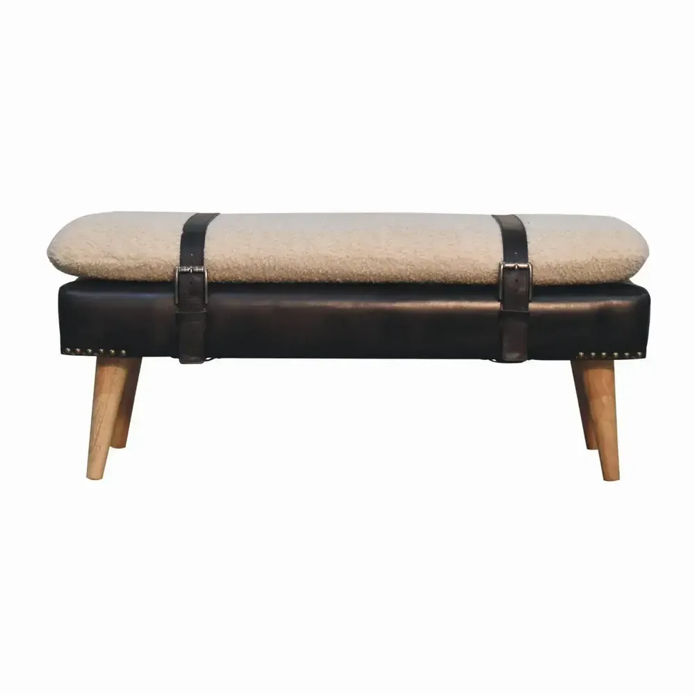 Benches - Artisan Furniture Solid Wood Bouclé Upholstered Buffalo Hide Black Leather Bench, Multicolored - ARTISAN FURNITURE