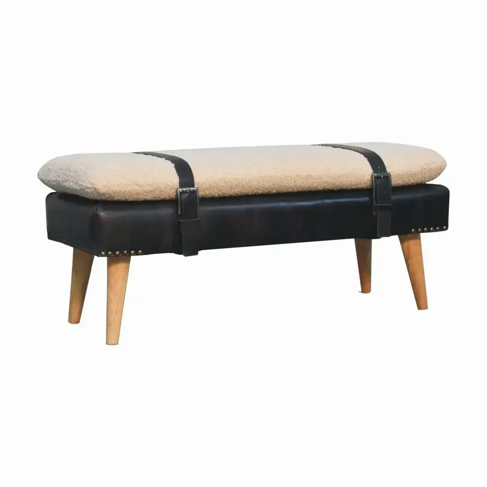 Benches - Artisan Furniture Solid Wood Bouclé Upholstered Buffalo Hide Black Leather Bench, Multicolored - ARTISAN FURNITURE