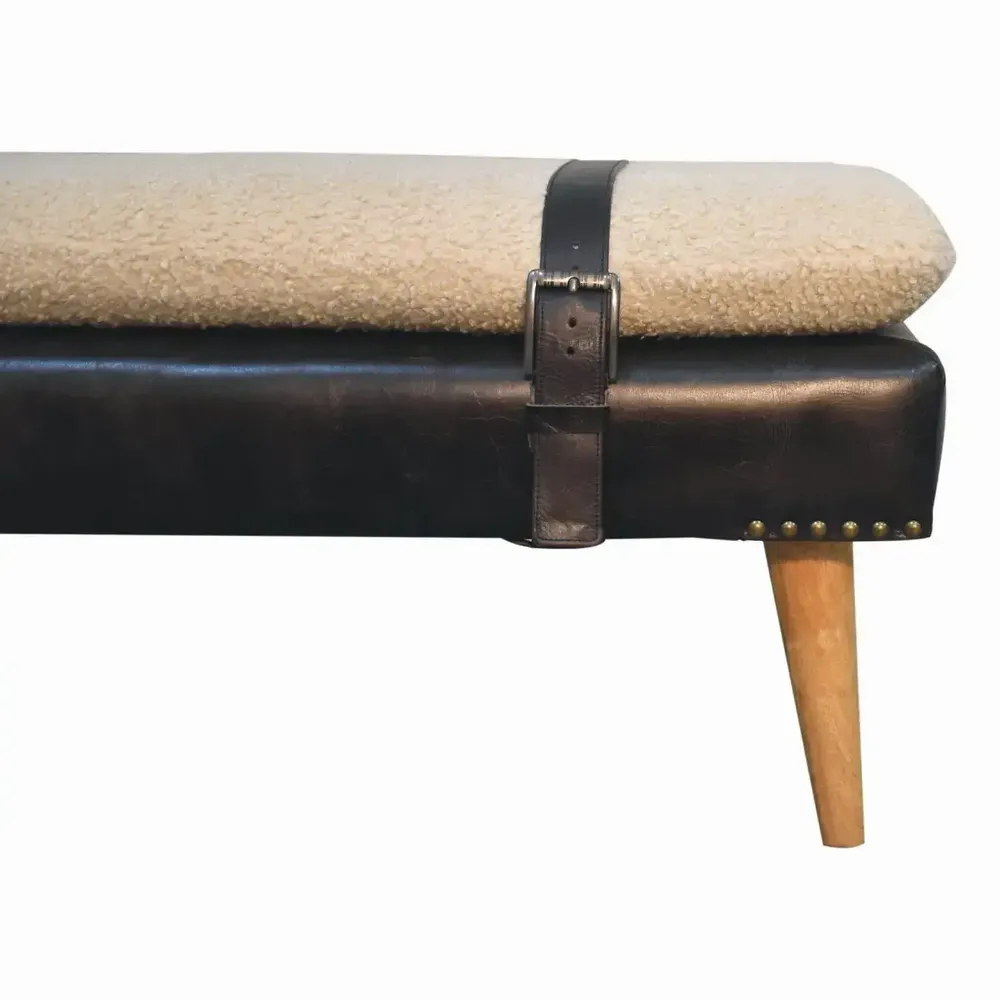 Benches - Artisan Furniture Solid Wood Bouclé Upholstered Buffalo Hide Black Leather Bench, Multicolored - ARTISAN FURNITURE