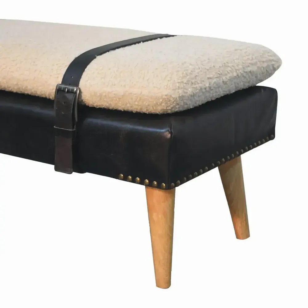 Benches - Artisan Furniture Solid Wood Bouclé Upholstered Buffalo Hide Black Leather Bench, Multicolored - ARTISAN FURNITURE