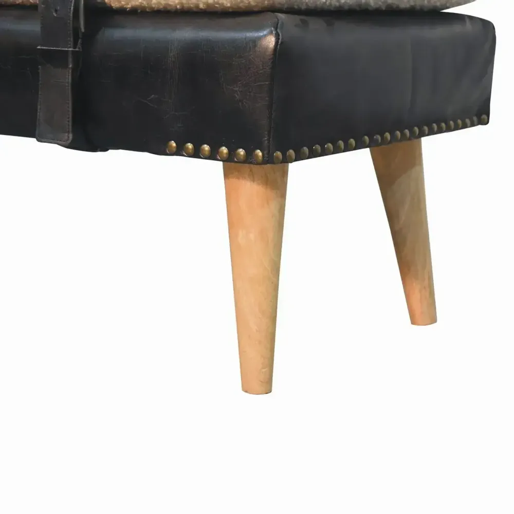 Benches - Artisan Furniture Solid Wood Bouclé Upholstered Buffalo Hide Black Leather Bench, Multicolored - ARTISAN FURNITURE