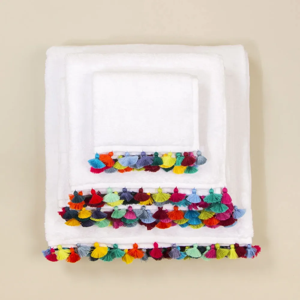 Bath towels - White cotton bath linen with tassels. - MIA ZIA