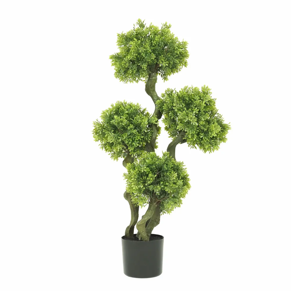Décorations florales - Bonsaï de buis artificiel 4 têtes en pot plastique noir - LIGNE DÉCO