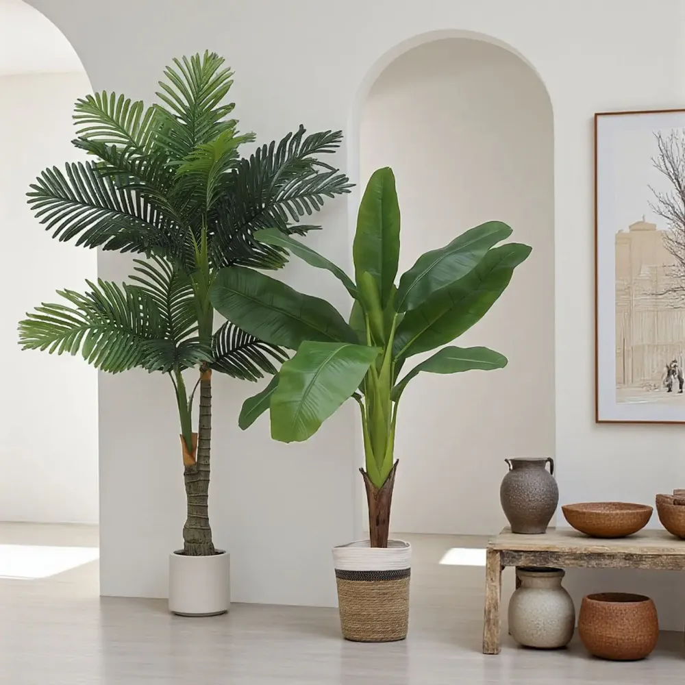 Floral decoration - Artificial palm, 2 trunks, white plastic pot - LIGNE DÉCO