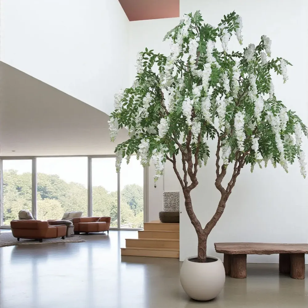 Décorations florales - Glycine artificielle en pot plastique blanc - LIGNE DÉCO