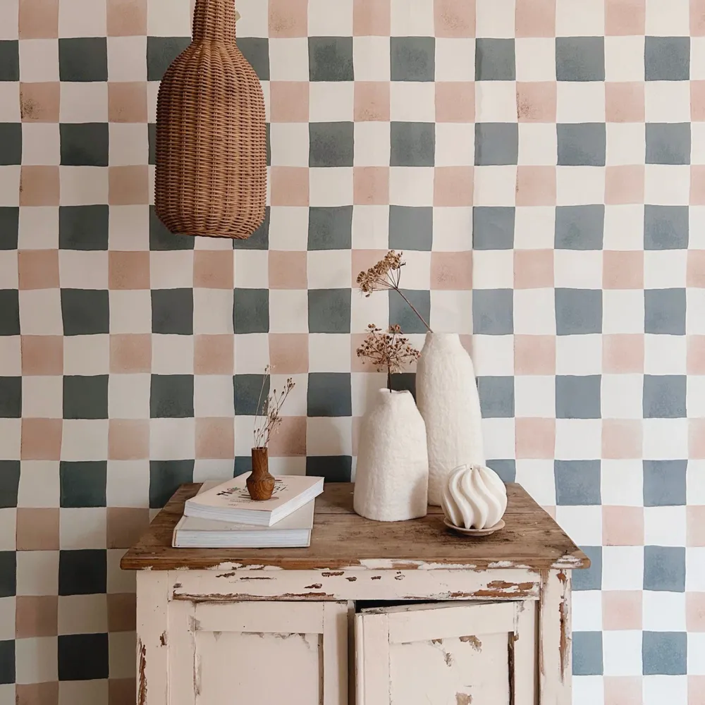 Wallpaper - Checkmate Wallpaper - Camel and Slate - BILBOQUET DÉCO