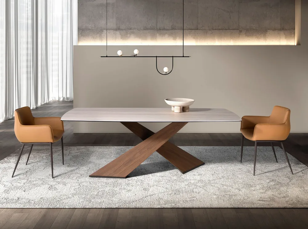 Tables Salle à Manger - Table à manger ovale en marbre porcelainé et noyer - ANGEL CERDÁ