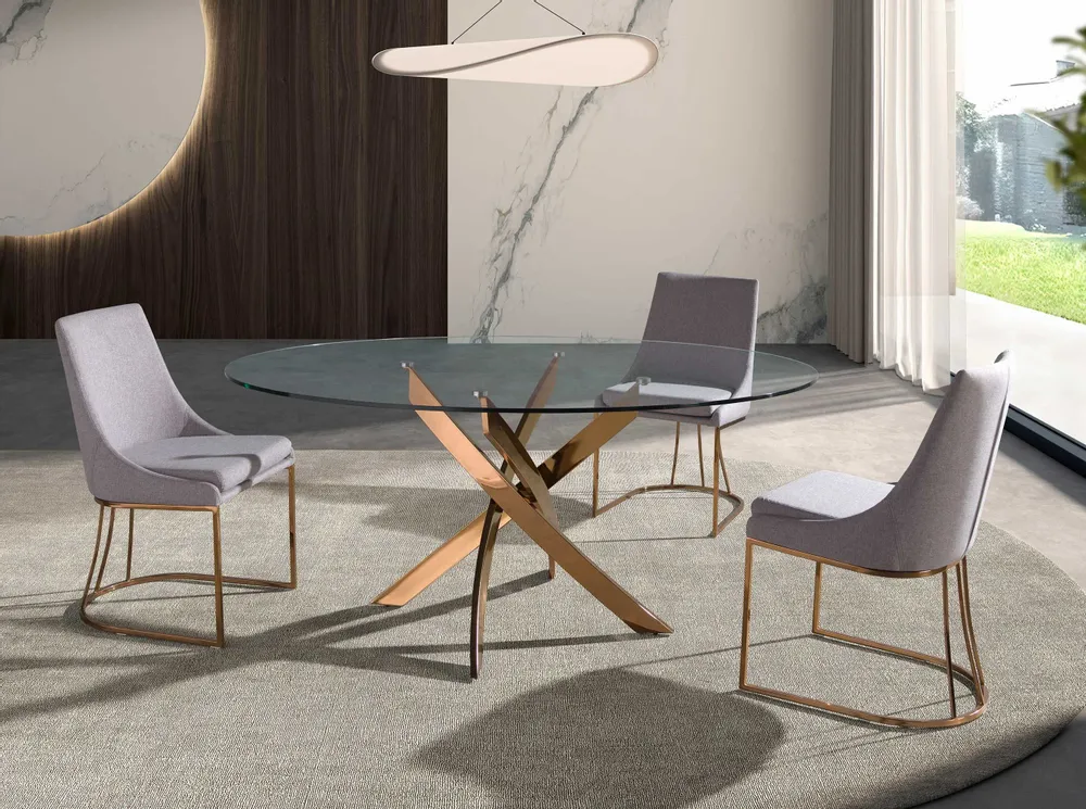 Tables Salle à Manger - Table de salle à manger ronde en verre trempé et acier rose - ANGEL CERDÁ