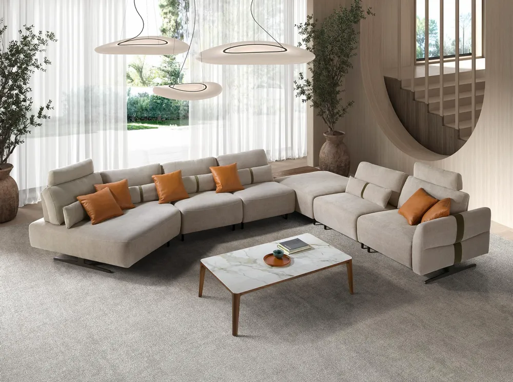 Sofas - Right-hand modular chaise longue sofa in sand fabric - ANGEL CERDÁ