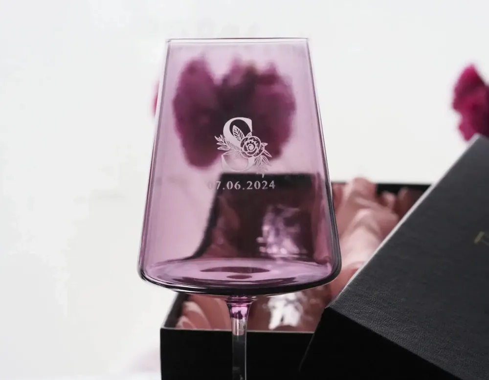 Glass - Vida Slate Colored Wine Glasses with Wedding Engraving - 2 Pieces 400ml - PEKALLA CRISTAL GLASS