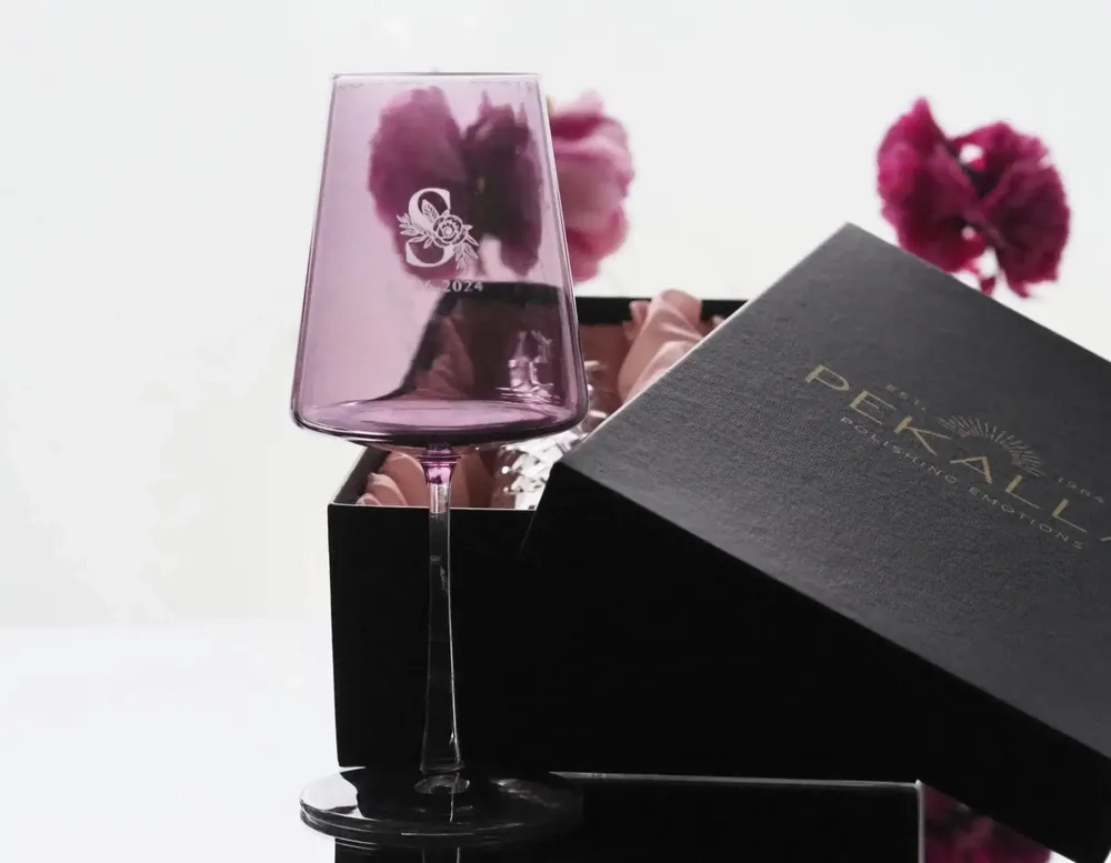 Glass - Vida Slate Colored Wine Glasses with Wedding Engraving - 2 Pieces 400ml - PEKALLA CRISTAL GLASS