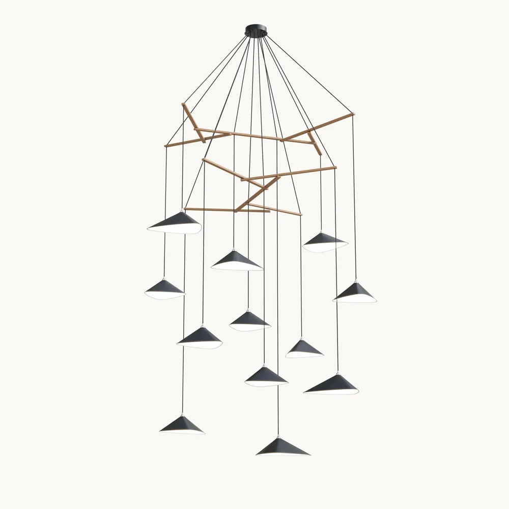 Suspensions - Emily V12 – Lustre vertical à plusieurs lumières pour plafonds hauts - MOSS OBJECTS