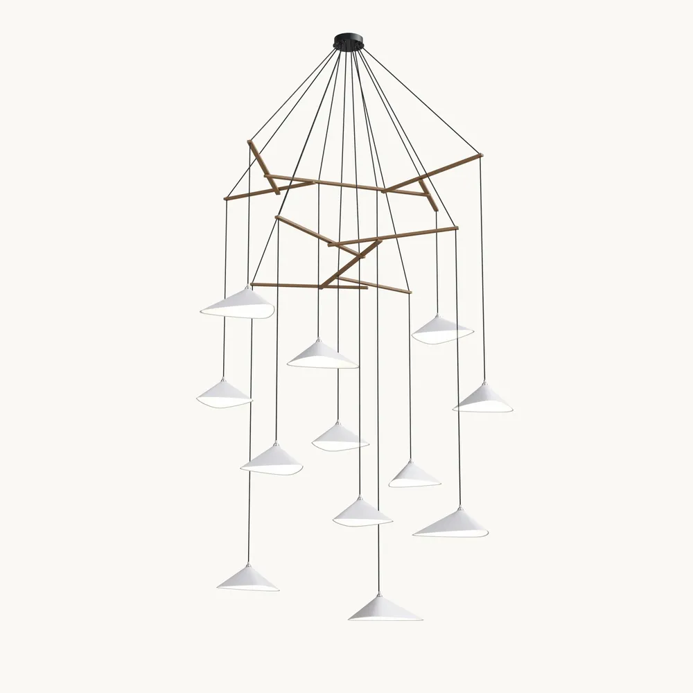 Suspensions - Emily V12 – Lustre vertical à plusieurs lumières pour plafonds hauts - MOSS OBJECTS