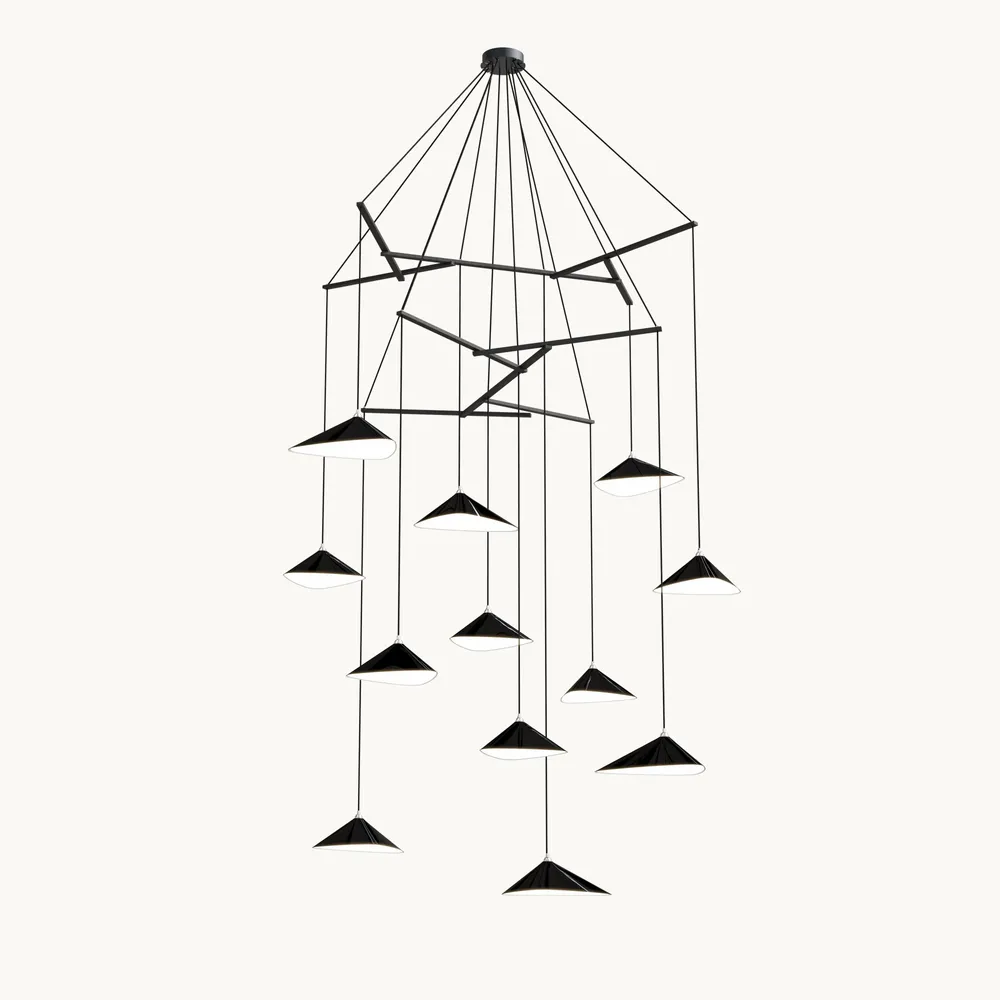 Suspensions - Emily V12 – Lustre vertical à plusieurs lumières pour plafonds hauts - MOSS OBJECTS