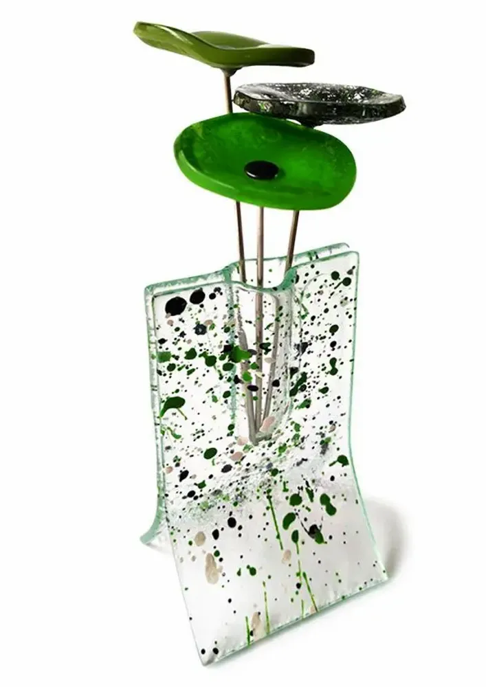 Vases - Small transparent 8x13 cm green-white-black spotty vase with 3 small flowers - CARNEOL GLASS