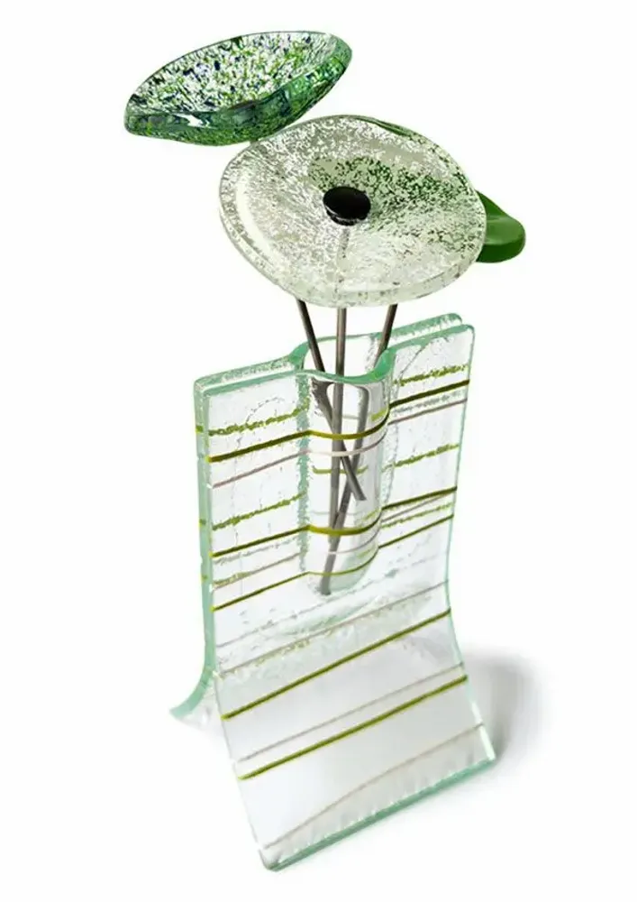 Vases - Petit vase transparent de 8 x 13 cm a rayures vert pomme et blanches, orné de 3 petites fleurs. - CARNEOL GLASS