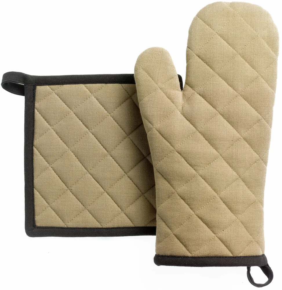 Potholders - Set of Recycled Oven Mitt/Pot Holder Grace Camel 15 X 32 - MAISON VIVARAISE - SDE VIVARAISE WINKLER