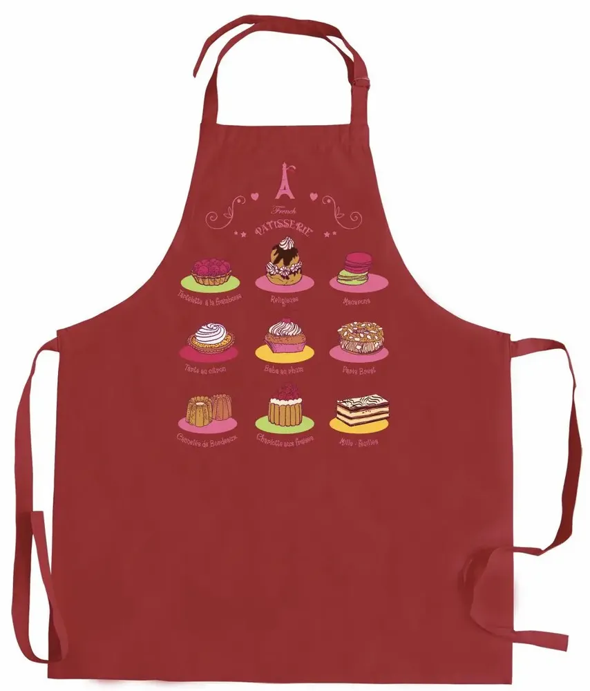 Aprons - Recycled pocketless kitchen apron French Pâtisserie Rouge 72 X 90 - MAISON VIVARAISE - SDE VIVARAISE WINKLER