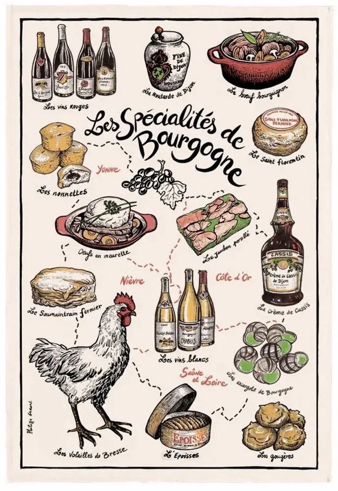 Torchons - Torchon Imprime Specialités de Bourgogne Ecru 48 X 72 - MAISON VIVARAISE - SDE VIVARAISE WINKLER