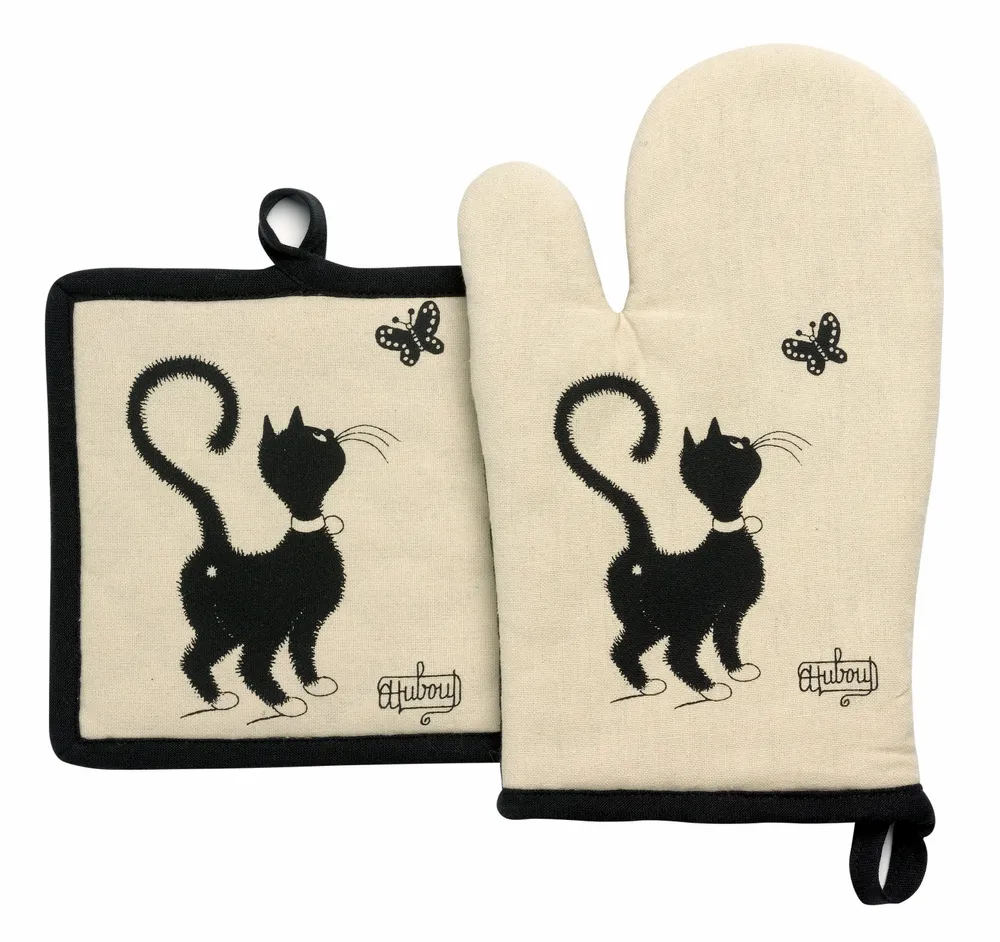 Maniques - Gant de cuisine + Manique Dubout Chat Papillon Beige 18 x 28 - MAISON VIVARAISE - SDE VIVARAISE WINKLER
