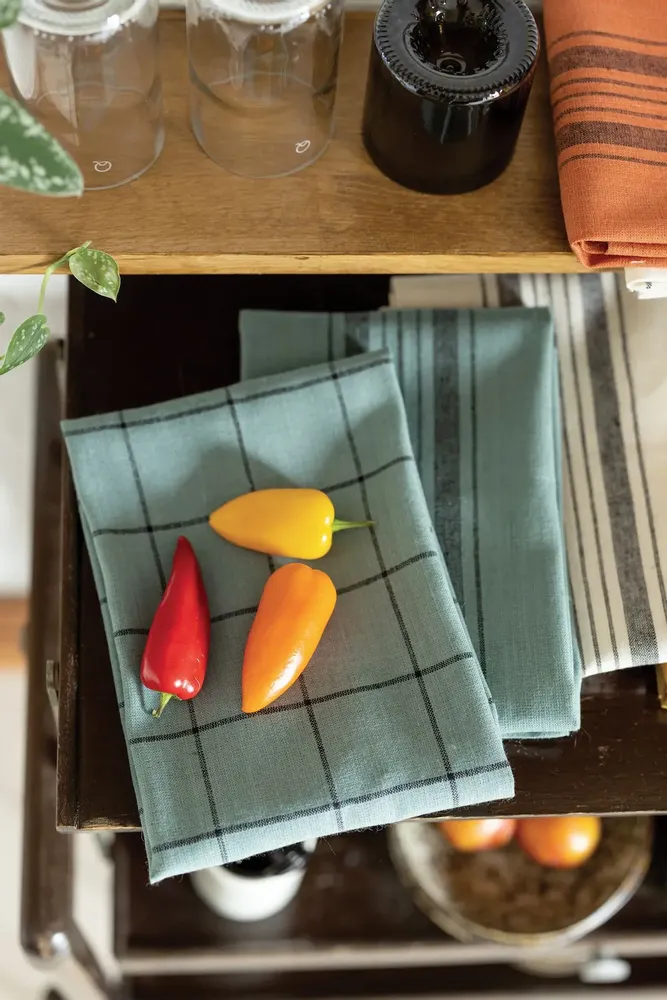 Dish towels - Kilia Checkered Linen-Cotton Tea Towel Vert de gris 50 X 70 - MAISON VIVARAISE - SDE VIVARAISE WINKLER
