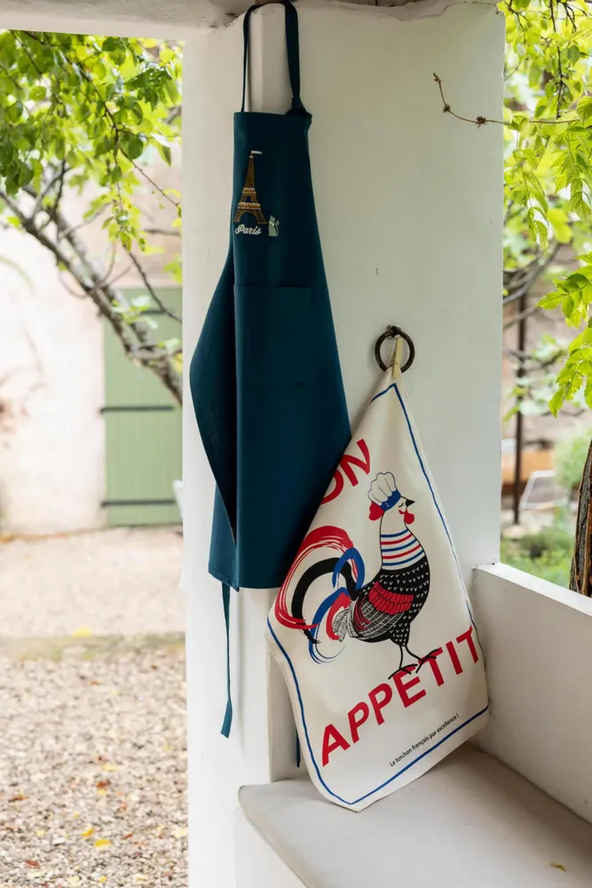 Aprons - Recycled kitchen apron with pocket Tour Eiffel Paon 85 X 72 - MAISON VIVARAISE - SDE VIVARAISE WINKLER