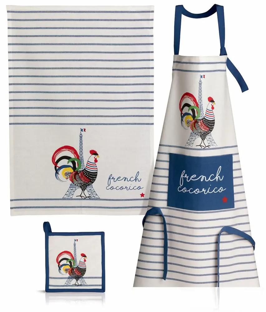 Aprons - Recycled Kitchen Apron French Cocorico Écru/Bleu 85 X 72 - MAISON VIVARAISE - SDE VIVARAISE WINKLER