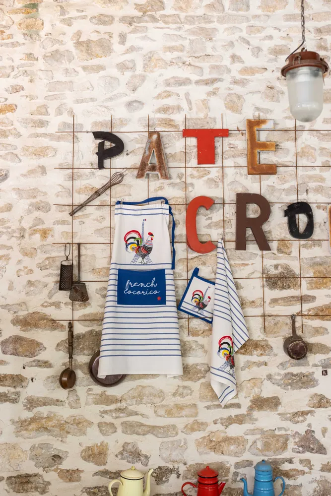 Aprons - Recycled Kitchen Apron French Cocorico Écru/Bleu 85 X 72 - MAISON VIVARAISE - SDE VIVARAISE WINKLER