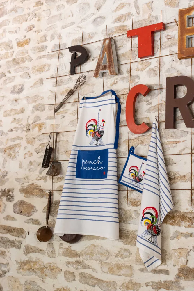 Aprons - Recycled Kitchen Apron French Cocorico Écru/Bleu 85 X 72 - MAISON VIVARAISE - SDE VIVARAISE WINKLER