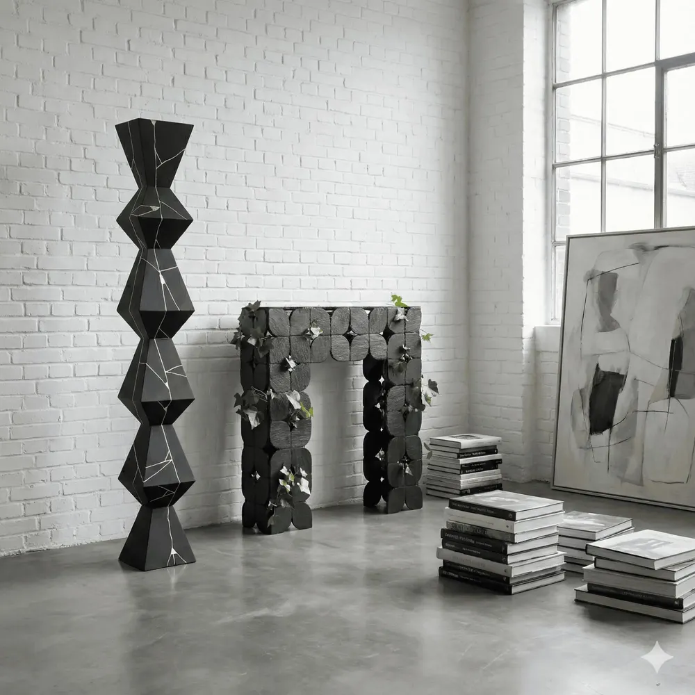 Accessoires de déco extérieure - Sculpture totem en ardoise naturelle, 180/25/25 cm, décor or, Kintsu - ARDOISE DESIGN