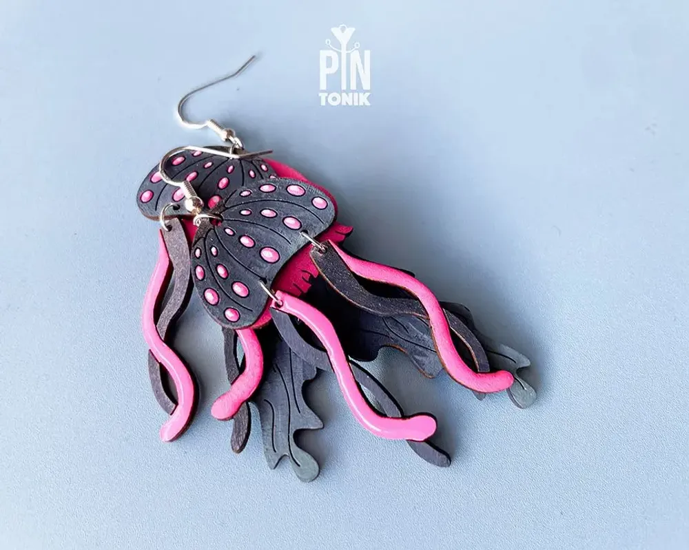 Bijoux - Neon Jellyfish Earrings – Colorful Wood and Sterling Silver - PINTONIK