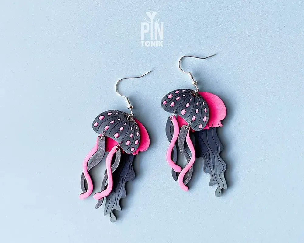 Bijoux - Neon Jellyfish Earrings – Colorful Wood and Sterling Silver - PINTONIK