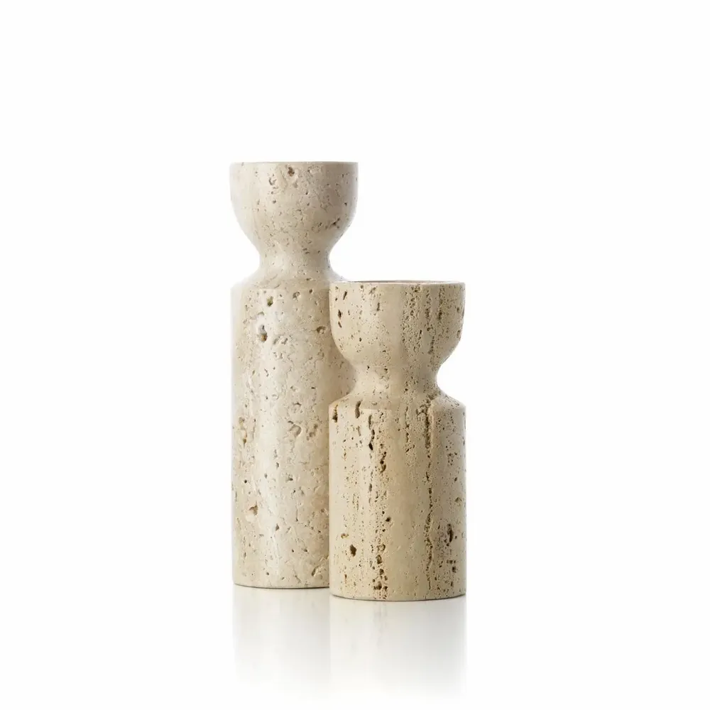 Candlesticks and candle holders - The Travertine Hourglass Candle Holder - Beige - S - BAZAR BIZAR LIVING