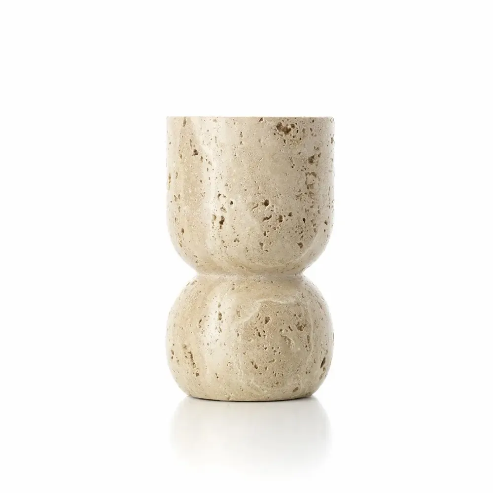 Candlesticks and candle holders - The Travertine Vessel Pillar Candle Holder - Beige - BAZAR BIZAR LIVING