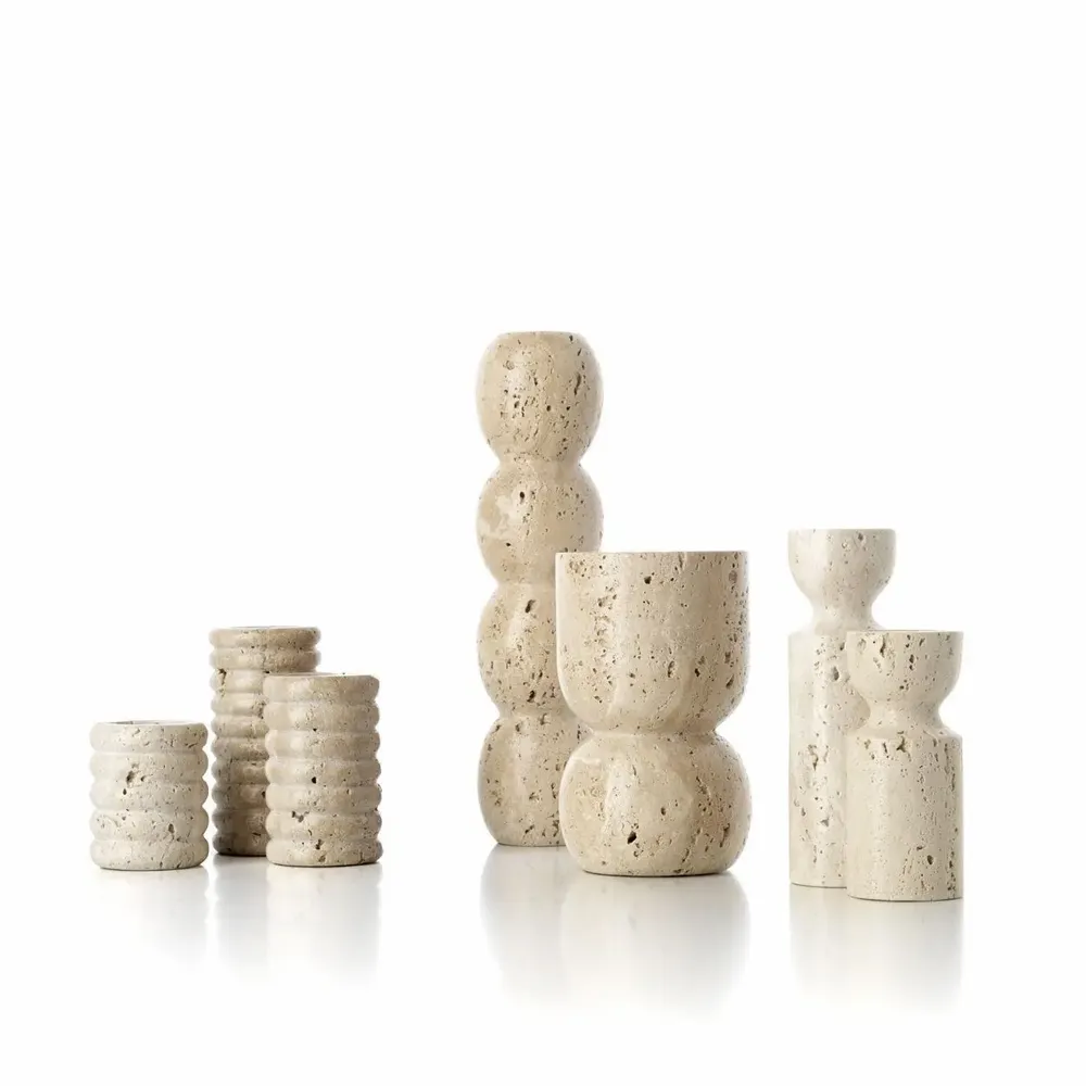 Candlesticks and candle holders - The Travertine Vessel Pillar Candle Holder - Beige - BAZAR BIZAR LIVING