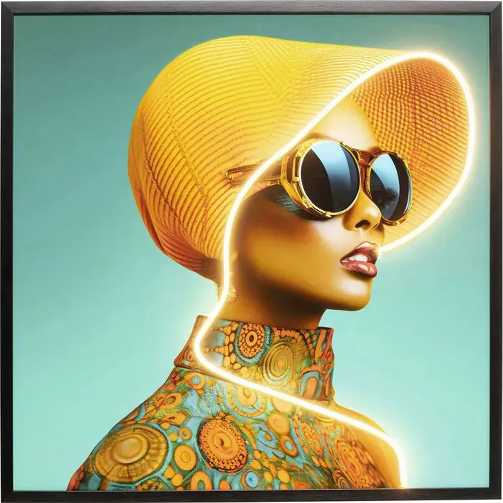 Photos d'art - Tableau encadré LED Chapeau de soleil Femme Jaune 80x80cm - KARE DESIGN