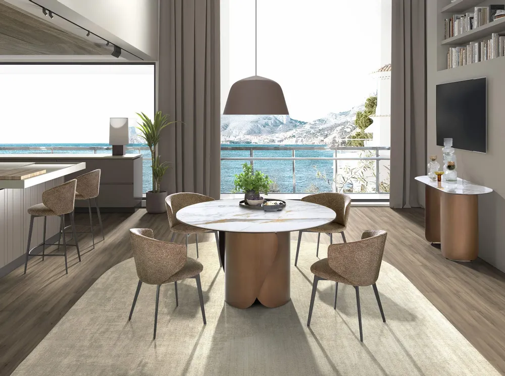 Dining Tables - Round dining table with porcelain marble top and bronze-colored steel - ANGEL CERDÁ