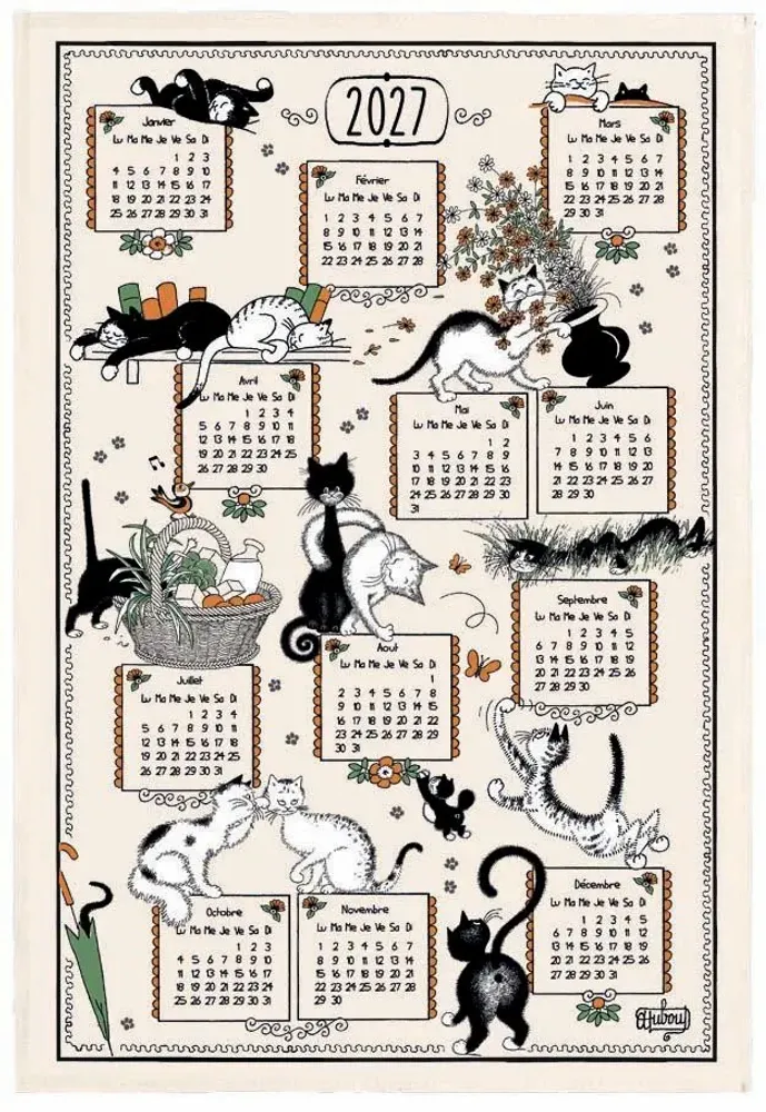 Dish towels - Tea Towel Dubout Ribambelle chats calendrier 2027 Écru 48 X 72 - MAISON VIVARAISE - SDE VIVARAISE WINKLER