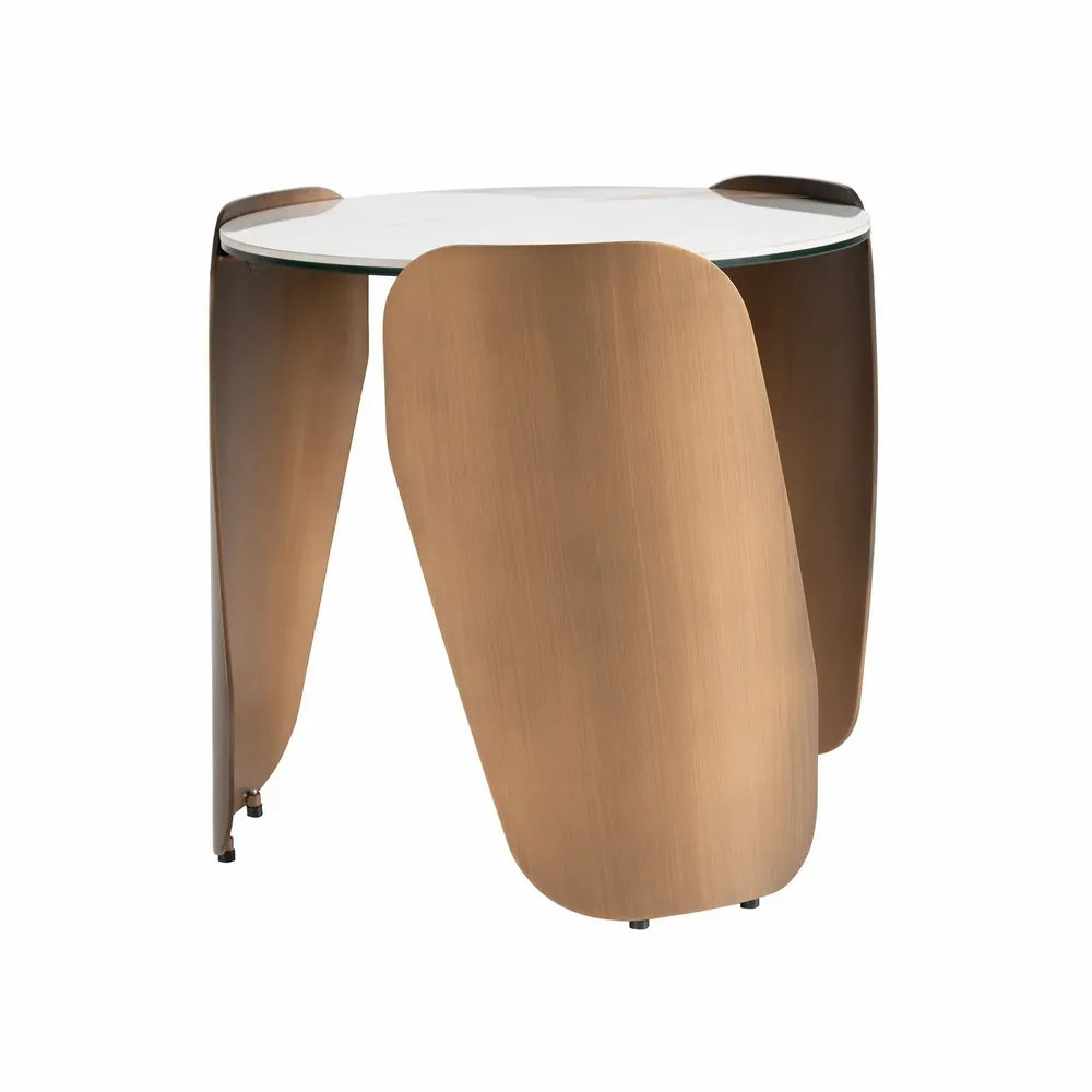 Other tables - Round corner table in porcelain marble and bronze-coloured steel - ANGEL CERDÁ