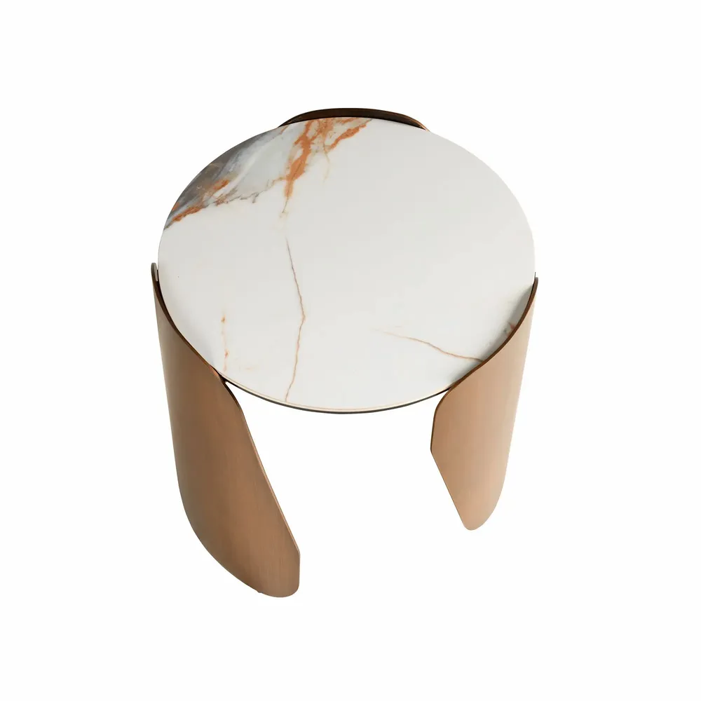 Other tables - Round corner table in porcelain marble and bronze-coloured steel - ANGEL CERDÁ