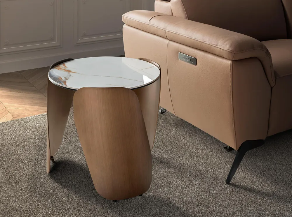 Other tables - Round corner table in porcelain marble and bronze-coloured steel - ANGEL CERDÁ