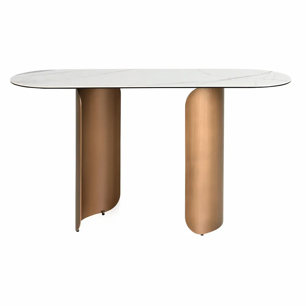 Consoles - Console ovale en demi-cercle en marbre porcelainé et acier couleur bro - ANGEL CERDÁ