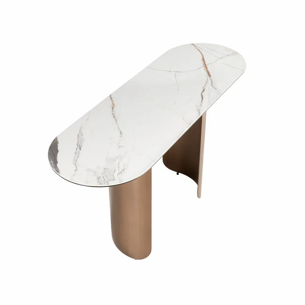 Consoles - Console ovale en demi-cercle en marbre porcelainé et acier couleur bro - ANGEL CERDÁ