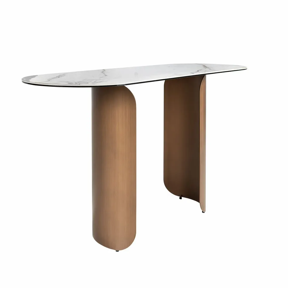 Consoles - Console ovale en demi-cercle en marbre porcelainé et acier couleur bro - ANGEL CERDÁ