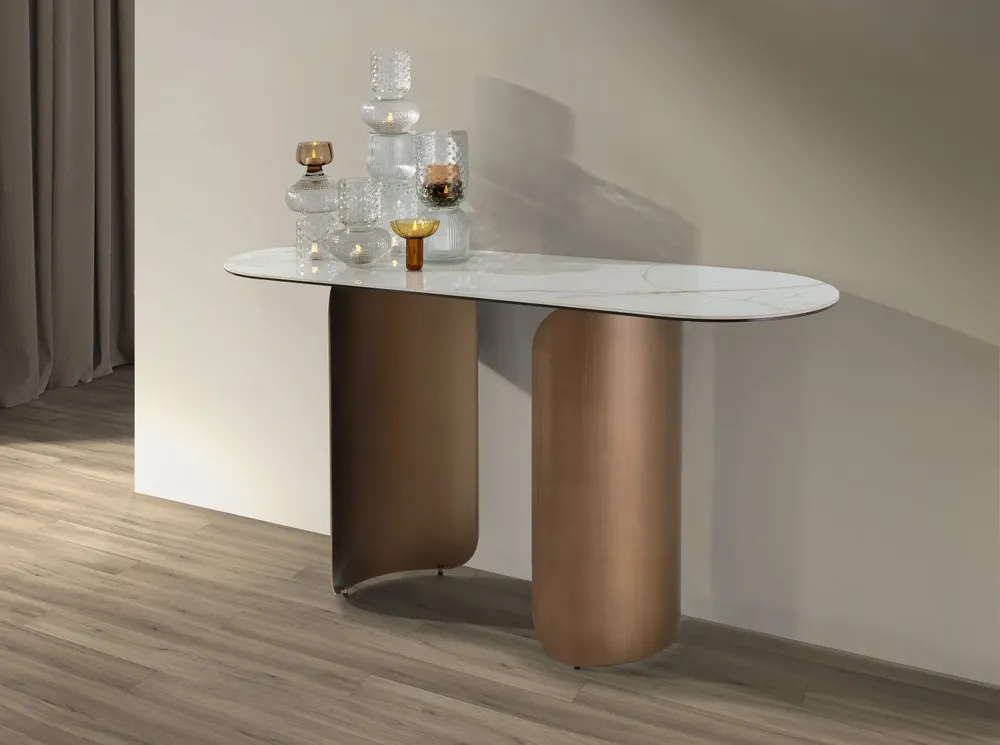 Consoles - Console ovale en demi-cercle en marbre porcelainé et acier couleur bro - ANGEL CERDÁ